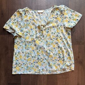 Lauren Conrad Women’s Large Yellow Floral Blouse V Neck Cottage Core Coquette
